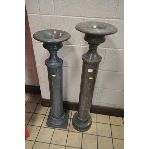 1320 - TWO MARBLE PILLARS, with dish tops, cylindrical columns on stepped bases, tallest height 110cm (cond... 