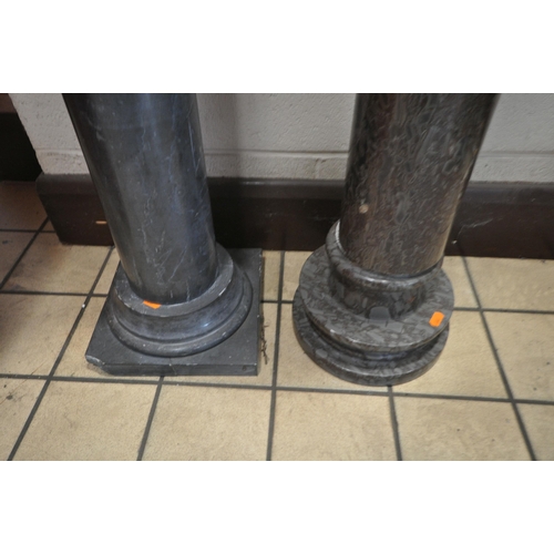 1320 - TWO MARBLE PILLARS, with dish tops, cylindrical columns on stepped bases, tallest height 110cm (cond... 