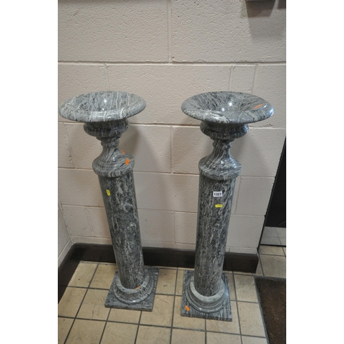 1320 - TWO MARBLE PILLARS, with dish tops, cylindrical columns on stepped bases, tallest height 110cm (cond... 