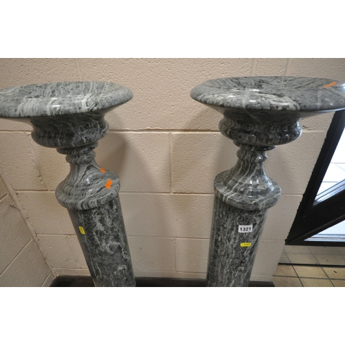 1321 - A PAIR OF MARBLE PILLARS, with dish tops, cylindrical columns on stepped bases, height 103cm (condit... 