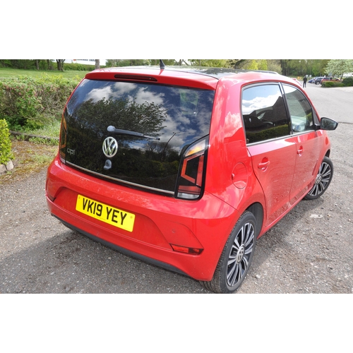 1002 - A 2019 VW UP 5 DOOR HATCHBACK CAR IN RED. 999cc petrol engine, 5 speed manual gearbox, V5c present, ... 