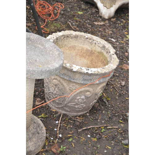 1016 - TWO MODERN COMPOSITE GARDEN POTS both 56cm in diameter and a bird bath with tapered base and square ... 