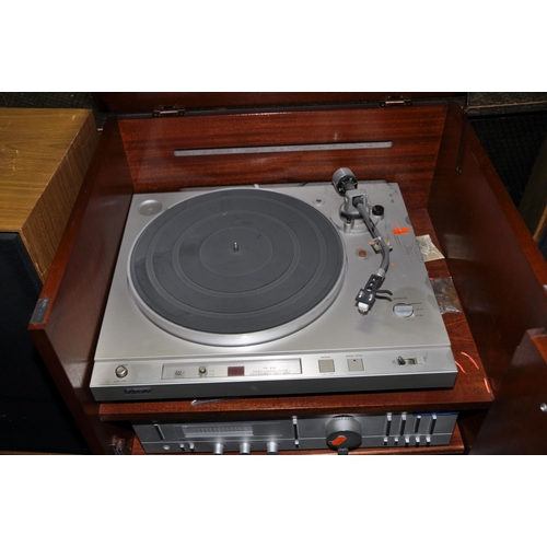 1051 - A VINTAGE COMPONENT HI FI IN A MAHOGANY CABINET comprising of a Sony PS-X35 turntable, a JVC A-X3 In... 