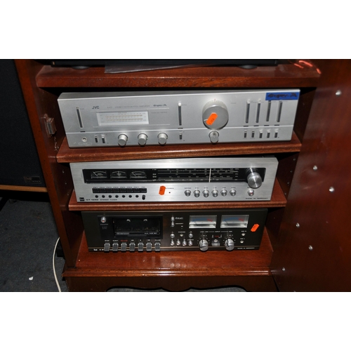 1051 - A VINTAGE COMPONENT HI FI IN A MAHOGANY CABINET comprising of a Sony PS-X35 turntable, a JVC A-X3 In... 