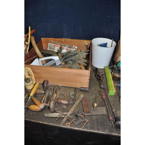 1054 - A DRAWER AND TWO BASKETS CONTAINING TOOLS including Pin drills, braces, hand drill, coffin planes, v... 