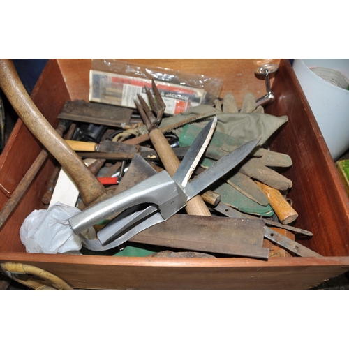 1054 - A DRAWER AND TWO BASKETS CONTAINING TOOLS including Pin drills, braces, hand drill, coffin planes, v... 