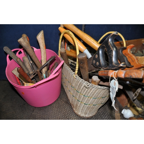 1054 - A DRAWER AND TWO BASKETS CONTAINING TOOLS including Pin drills, braces, hand drill, coffin planes, v... 