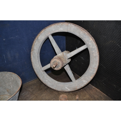 1086 - SEVEN ITEMS OF VINTAGE COLLECTABLES including an iron rimmed cart wheel 20in in diameter, a coaching... 