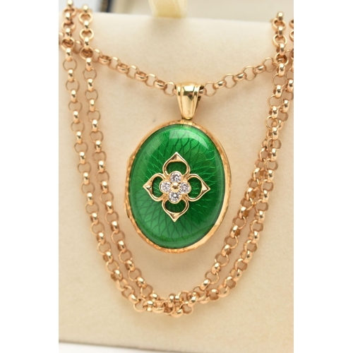 1 - AN 18CT GOLD DIAMOND AND ENAMEL LOCKET, the oval locket with green enamel front, a quatrefoil design... 