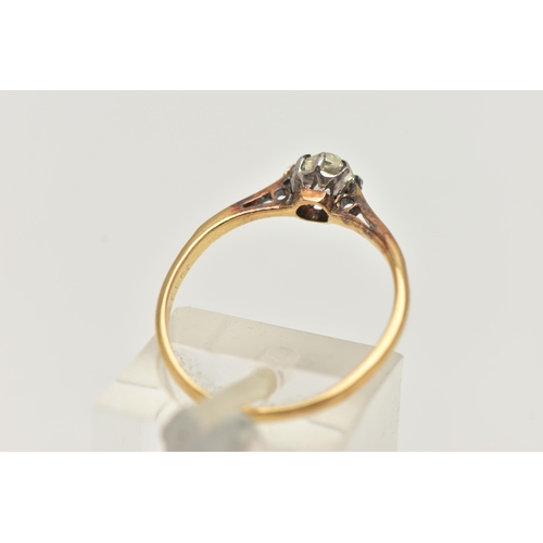 15 - A YELLOW METAL SINGLE STONE DIAMOND RING, old cut diamond, measuring approximately 4.7mm x 4.6 x 3.1... 