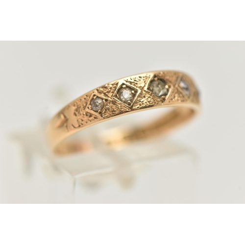 16 - AN 18CT DIAMOND FIVE STONE RING, set with graduating single/old cut diamonds, claw set in a diamond ... 