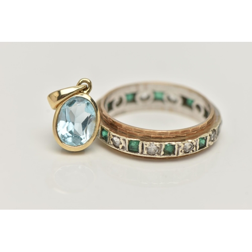 17 - A 9CT GOLD SPINEL AND EMERALD FULL ETERNITY BAND, AND A PENDANT, the ring set with a row of square c... 