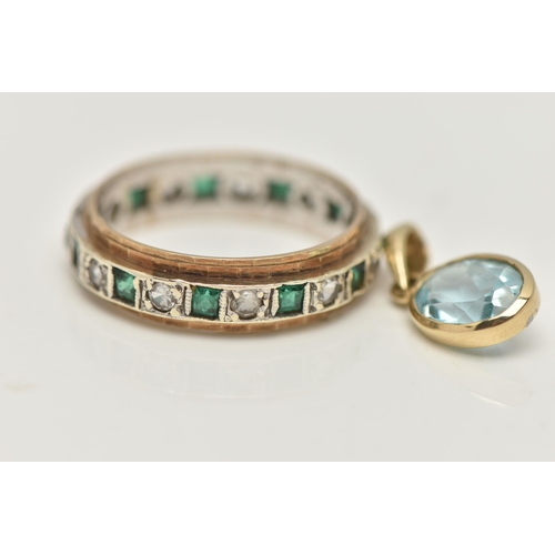 17 - A 9CT GOLD SPINEL AND EMERALD FULL ETERNITY BAND, AND A PENDANT, the ring set with a row of square c... 