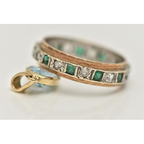 17 - A 9CT GOLD SPINEL AND EMERALD FULL ETERNITY BAND, AND A PENDANT, the ring set with a row of square c... 