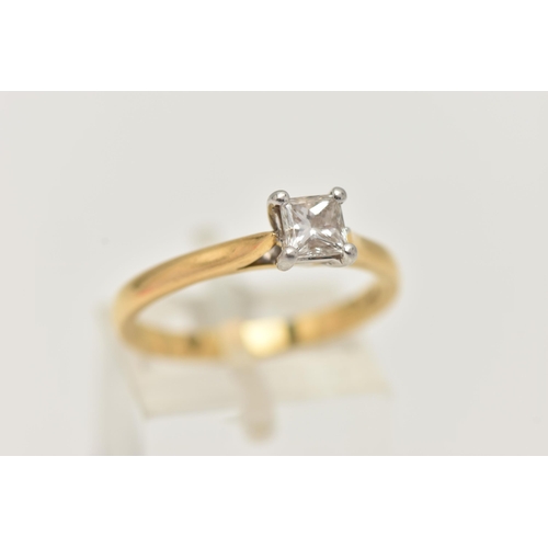 18 - AN 18CT GOLD DIAMOND SINGLE STONE RING, princess cut diamond, with GIA report, laser inscription to ... 