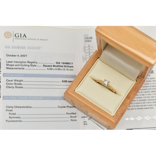 18 - AN 18CT GOLD DIAMOND SINGLE STONE RING, princess cut diamond, with GIA report, laser inscription to ... 