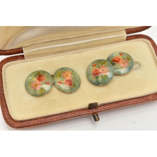 2 - A PAIR OF ENAMEL CUFFLINKS, designed as circular panels with floral enamel decoration and chain link... 