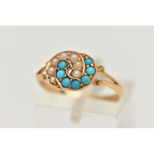 22 - AN 18CT GOLD, EARLY 20TH CENTURY SPLIT PEARL AND TURQUOISE RING, interlocking ring head set with a r... 