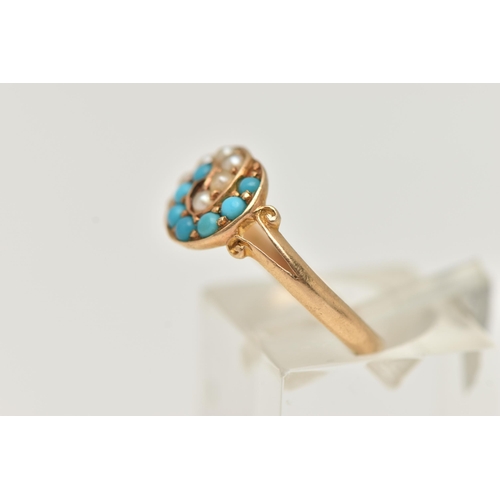 22 - AN 18CT GOLD, EARLY 20TH CENTURY SPLIT PEARL AND TURQUOISE RING, interlocking ring head set with a r... 