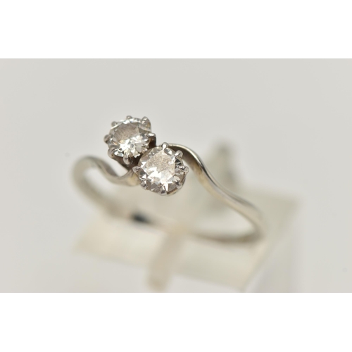 23 - A DIAMOND TWO STONE RING, an old cut diamond, measuring approximately 4.8mm x 4.9mm x 2.3mm, claw se... 