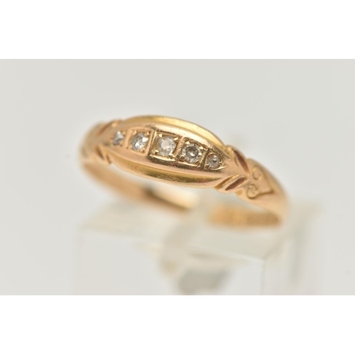 24 - A LATE VICTORIAN 18CT GOLD, DIAMOND FIVE STONE RING, boat ring set with five graduating old cut and ... 