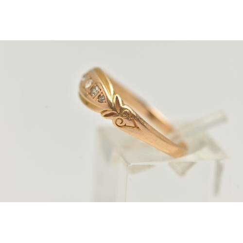 24 - A LATE VICTORIAN 18CT GOLD, DIAMOND FIVE STONE RING, boat ring set with five graduating old cut and ... 