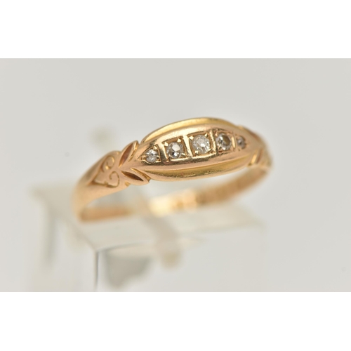 24 - A LATE VICTORIAN 18CT GOLD, DIAMOND FIVE STONE RING, boat ring set with five graduating old cut and ... 