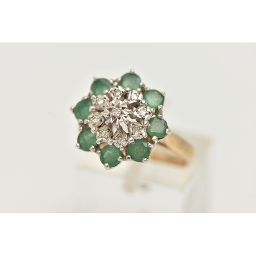 29 - A 9CT GOLD EMERALD AND DIAMOND CLUSTER RING, tiered cluster set with nine illusion set single cut di... 