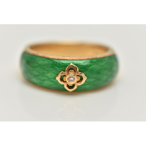 3 - AN 18CT GOLD ENAMEL AND DIAMOND RING, the tapered band with green enamel to the front, a quatrefoil ... 