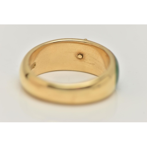 3 - AN 18CT GOLD ENAMEL AND DIAMOND RING, the tapered band with green enamel to the front, a quatrefoil ... 