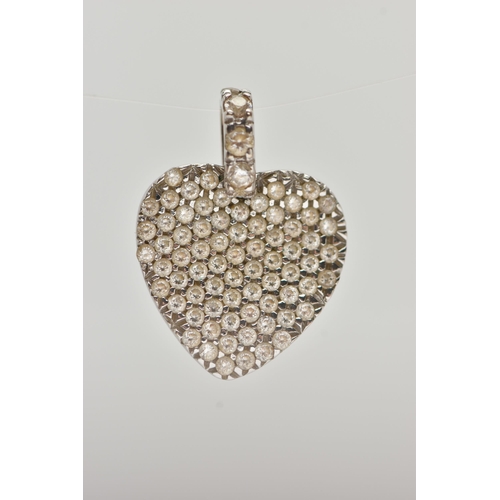 30 - A WHITE METAL DIAMOND SET HEART PENDANT, flat heart pendant pave set with small round brilliant cut ... 