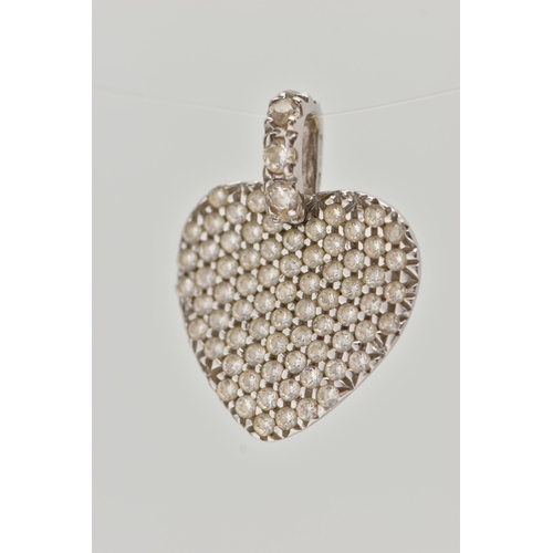 30 - A WHITE METAL DIAMOND SET HEART PENDANT, flat heart pendant pave set with small round brilliant cut ... 