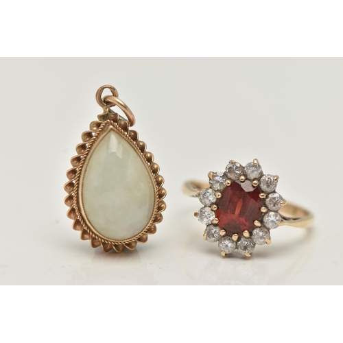 31 - A 9CT GOLD CLUSTER RING AND A PENDANT, the oval cluster set with an oval cut garnet, in a surround o... 