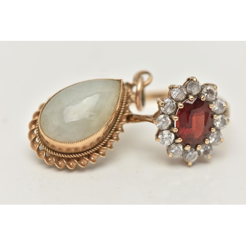 31 - A 9CT GOLD CLUSTER RING AND A PENDANT, the oval cluster set with an oval cut garnet, in a surround o... 