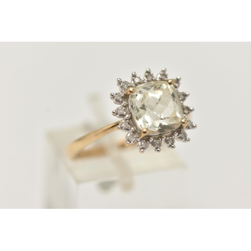 32 - A 9CT GOLD GEM SET CLUSTER RING, mixed cushion cut colourless stone, possibly topaz, measuring appro... 