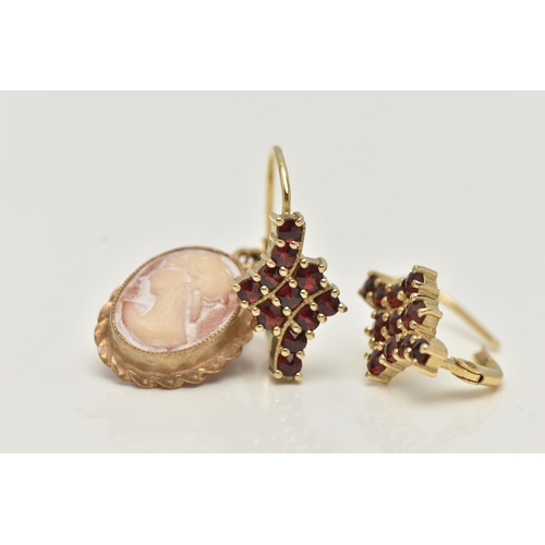 34 - A 9CT GOLD CAMEO PENDANT AND A PAIR OF DROP EARRINGS, the oval carved shell cameo, depicting a lady ... 