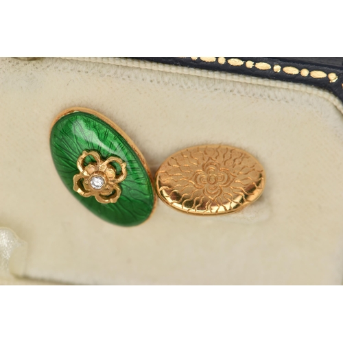 4 - A PAIR OF 18CT GOLD ENAMEL AND DIAMOND CUFFLINKS, each designed as an oval green enamel panel with c... 