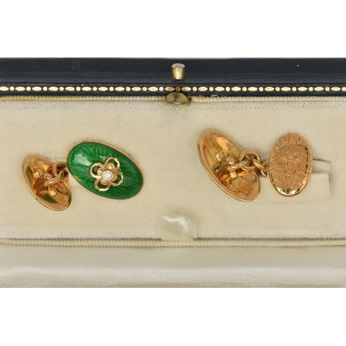 4 - A PAIR OF 18CT GOLD ENAMEL AND DIAMOND CUFFLINKS, each designed as an oval green enamel panel with c... 