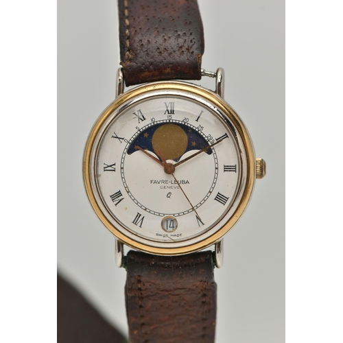 40 - A GENTS 'FAVRE-LEUBA' WRISTWATCH, quartz movement, round moon phase white dial, Roman numerals, date... 