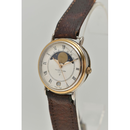 40 - A GENTS 'FAVRE-LEUBA' WRISTWATCH, quartz movement, round moon phase white dial, Roman numerals, date... 