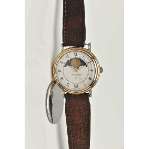 40 - A GENTS 'FAVRE-LEUBA' WRISTWATCH, quartz movement, round moon phase white dial, Roman numerals, date... 