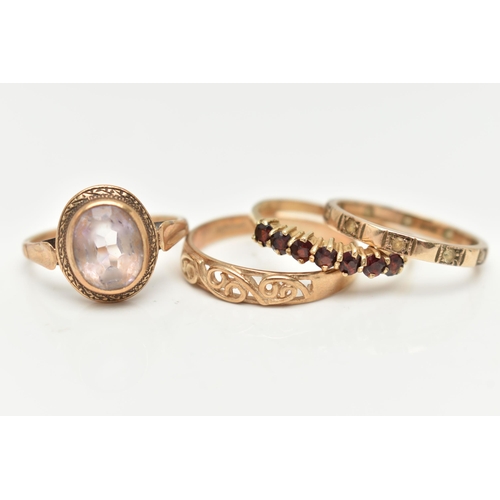 43 - FOUR RINGS AND AN ANTIQUE RING BOX, to include a 9ct gold amethyst ring, oval cut amethyst collet se... 