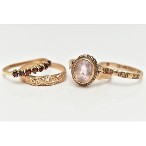 43 - FOUR RINGS AND AN ANTIQUE RING BOX, to include a 9ct gold amethyst ring, oval cut amethyst collet se... 