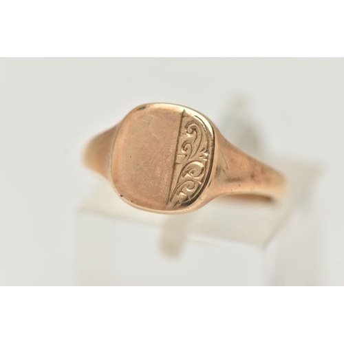 44 - A 9CT GOLD SIGNET RING, rounded square form, with foliate pattern, tapering polished band, hallmarke... 