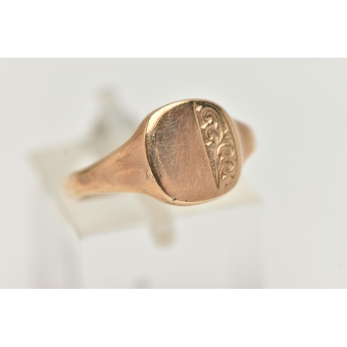 44 - A 9CT GOLD SIGNET RING, rounded square form, with foliate pattern, tapering polished band, hallmarke... 