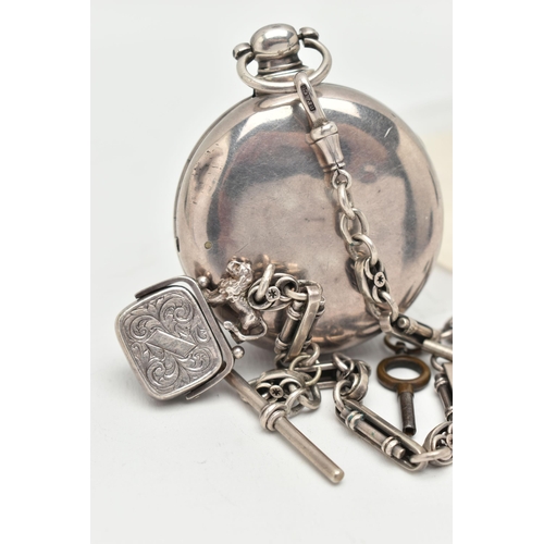 46 - A GEORGE IV SILVER OPEN FACE PAIR CASE POCKET WATCH AND ALBERT CHAIN WITH FOB, key wound, round whit... 