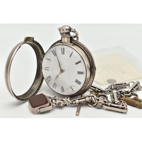 46 - A GEORGE IV SILVER OPEN FACE PAIR CASE POCKET WATCH AND ALBERT CHAIN WITH FOB, key wound, round whit... 