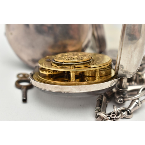 46 - A GEORGE IV SILVER OPEN FACE PAIR CASE POCKET WATCH AND ALBERT CHAIN WITH FOB, key wound, round whit... 