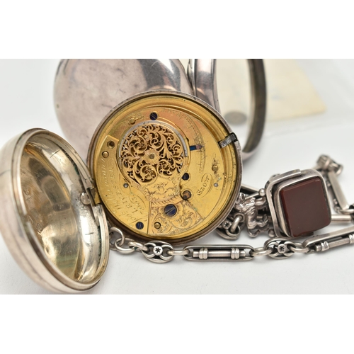 46 - A GEORGE IV SILVER OPEN FACE PAIR CASE POCKET WATCH AND ALBERT CHAIN WITH FOB, key wound, round whit... 