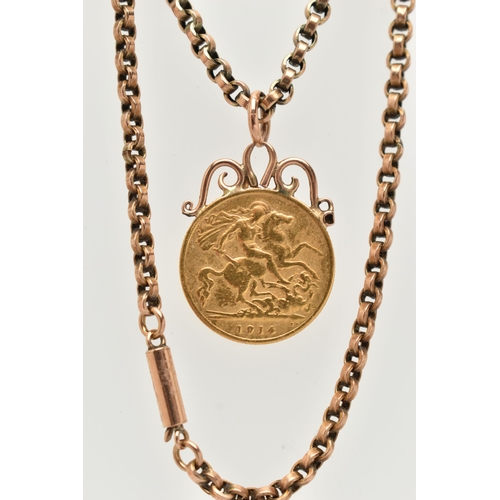 47 - A MOUNTED HALF SOVEREIGN PENDANT AND CHAIN, George V half sovereign, dated 1914, fitted to a scrolli... 